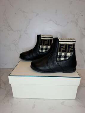 Fendi Kids Black Leather FF Logo Knit Sock Ankle Boots